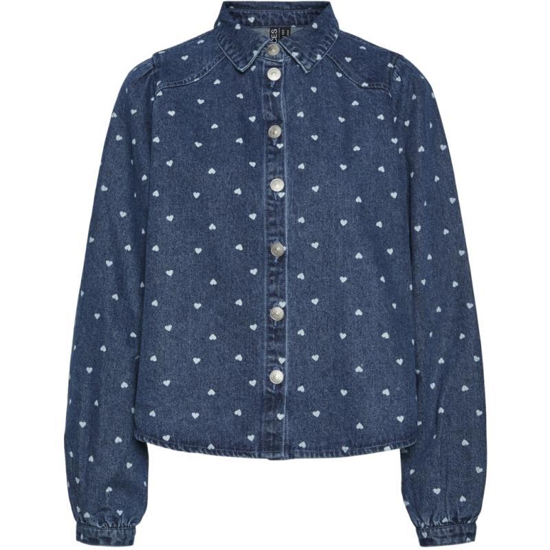 Smuk denimskjorte med hjerter fra Pieces - Klædeskabet.dk