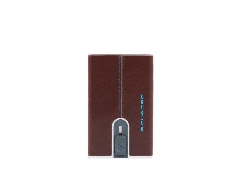 , Blue Square, Leather, Card Holder, Square Sliding System With Money Clip, Pp5358b2r, Mahogany, For Men For Men fra Piquadro