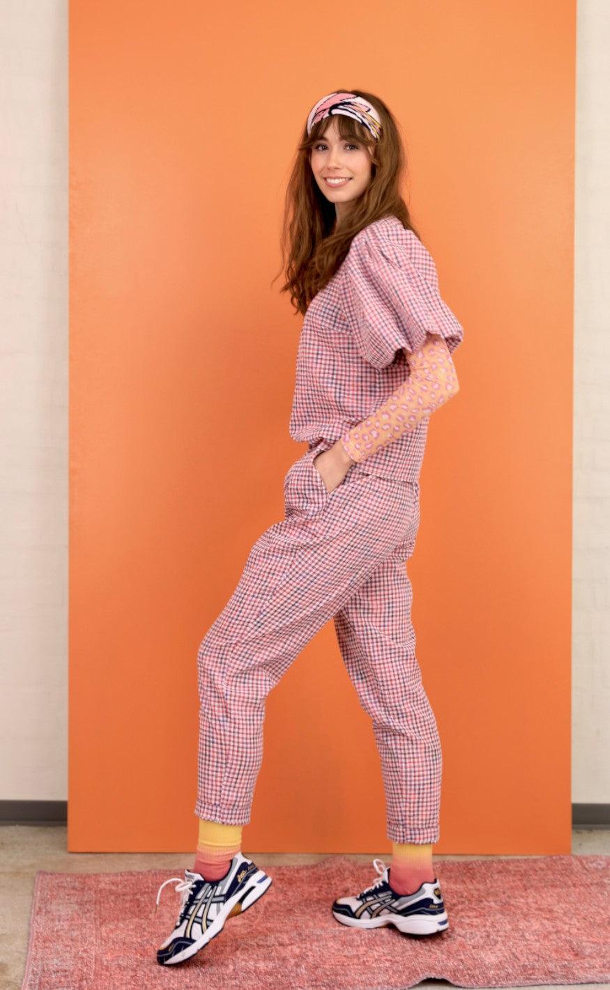 Black Colour Bukser Ester Chekered Pink