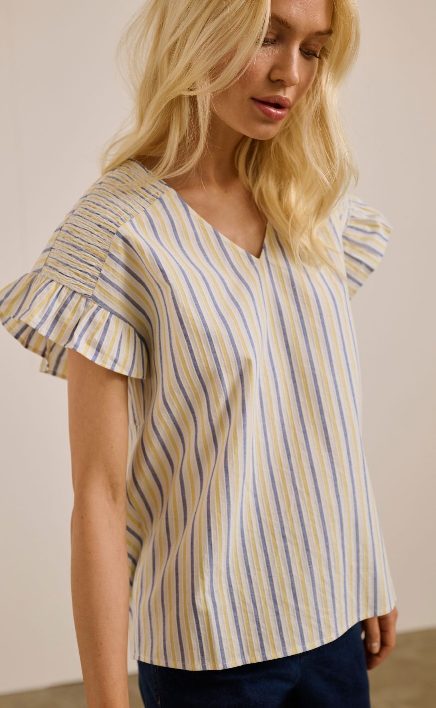 Culture Bluse Sella White Blue Yellow Stripe