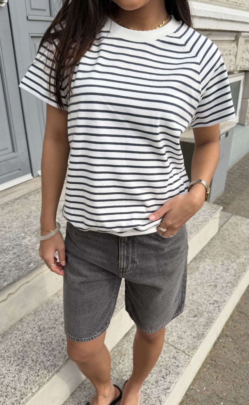-star  -shirt Raglan     Wmn Lt Chalk India Ink Stripe
