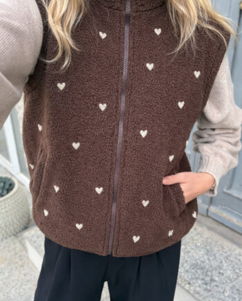 Say Ina Copenhagen Fleece Vest Fia Dark Brown    Beige Embroidery Hearts