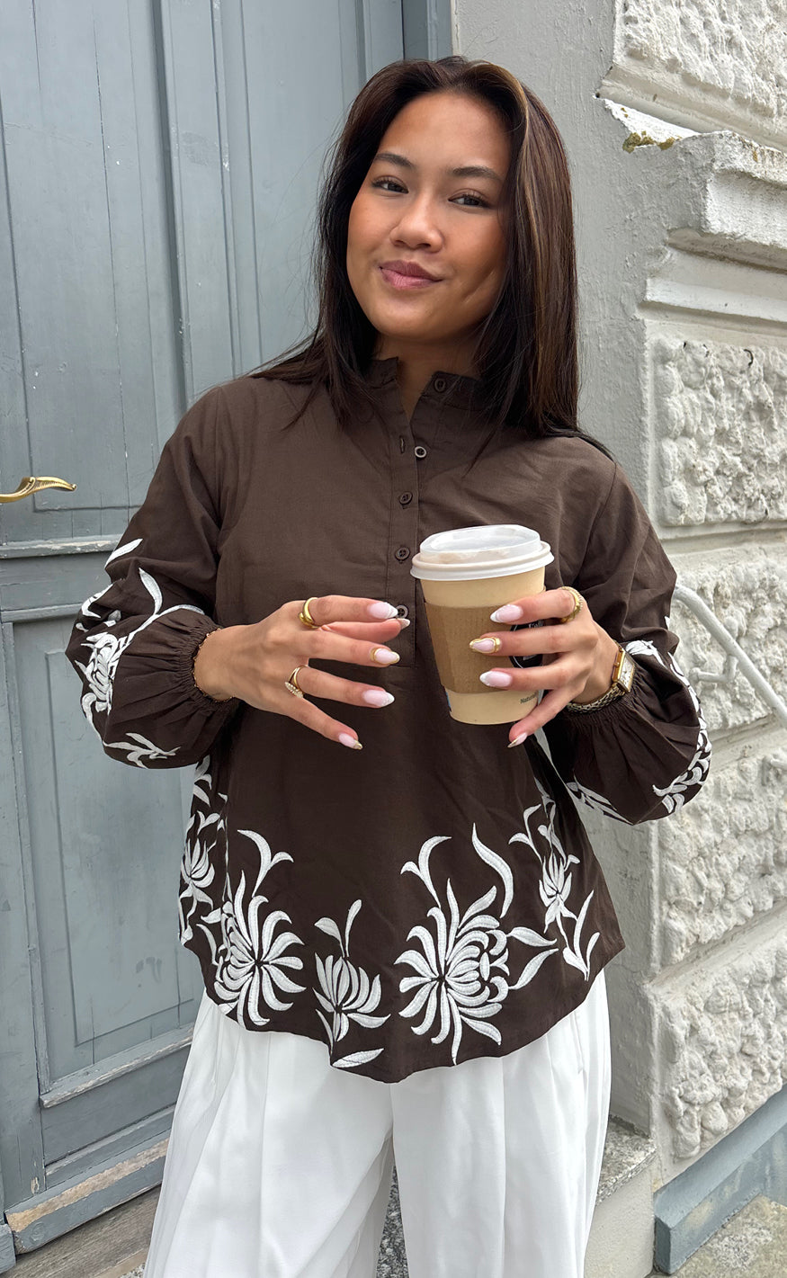 Say Ina Copenhagen Skjorte Tilde Chocolate Brown Embroidery