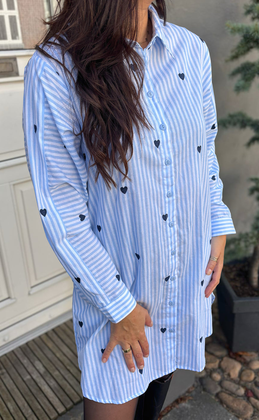 Say Ina Copenhagen Skjortekjole Katrina Blue Striped Embroidery Hearts