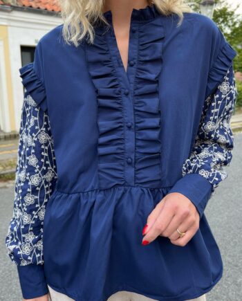 Say Ina Copenhagen Bluse Emily Broderi Navy Blue   White