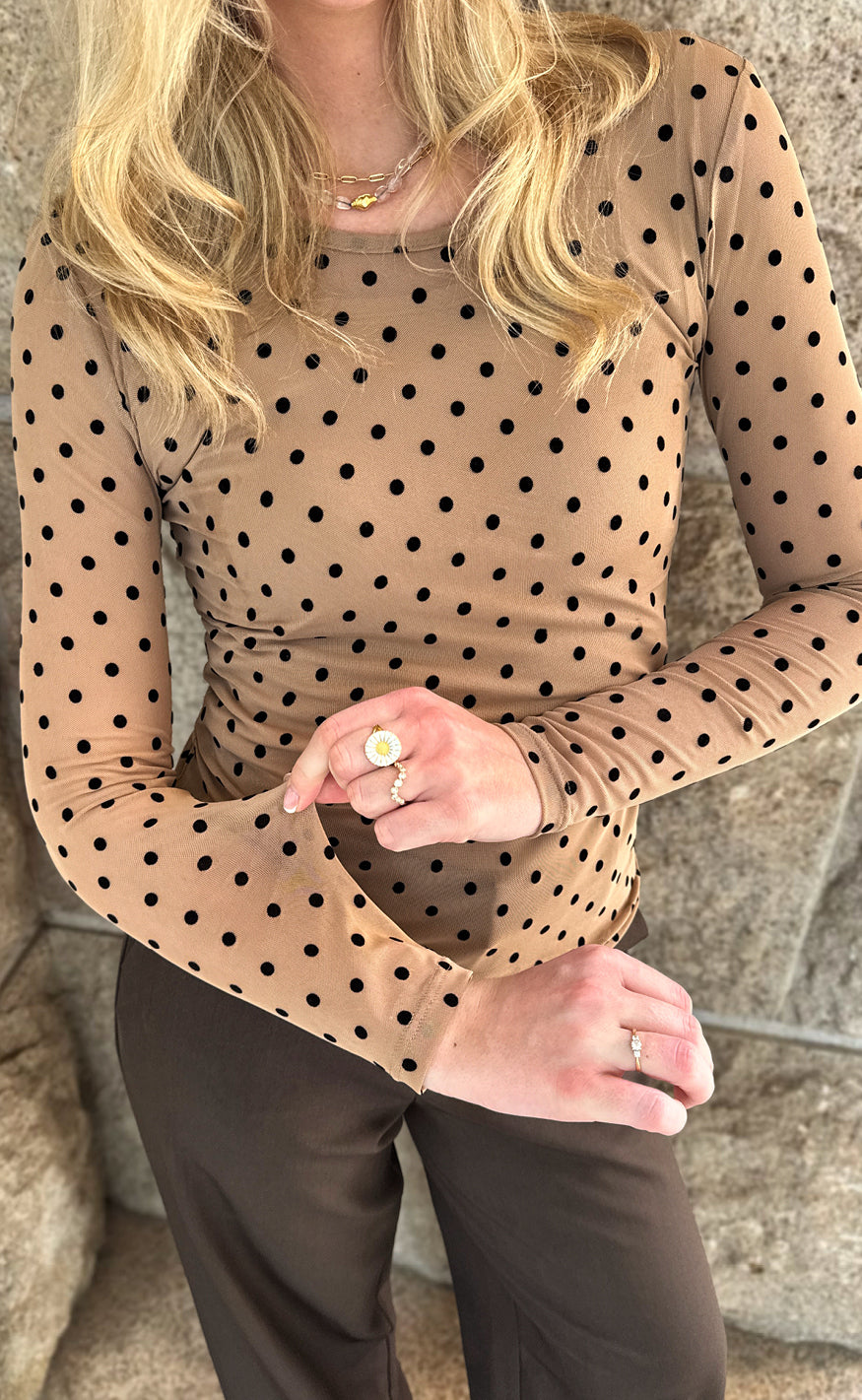 Say Ina Copenhagen Bluse Sophia Mesh Camel Black Dots