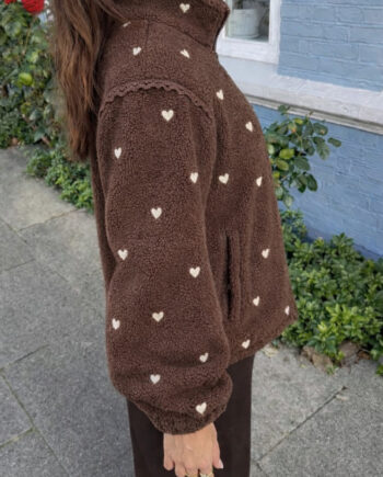 Say Ina Copenhagen Fleece Jakke Fia Dark Brown    Beige Embroidery Hearts