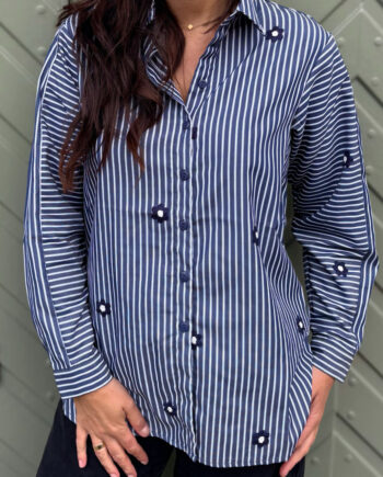 Say Ina Copenhagen Skjorte Katrina Navy Blue Striped    Embroidery Flower