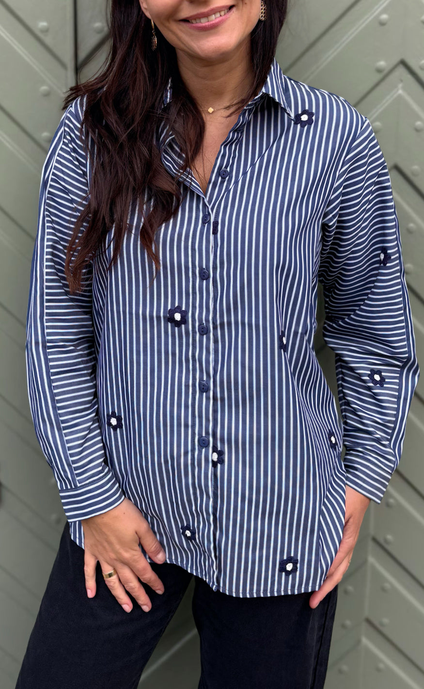 Say Ina Copenhagen Skjorte Katrina Navy Blue Striped Embroidery Flower